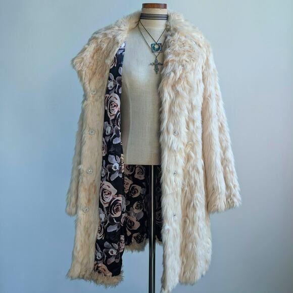 White Shaggy Faux Fur Trench Coat Cream Furry Penny Lane 70s Afghan Jacket Small - Picture 5 of 13